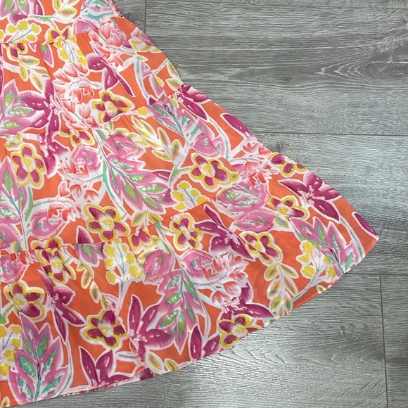 NWOT Chaps Coral Pink Yellow Floral Lined Tiered Chiffon Midi Skirt MP - Picture 5 of 14